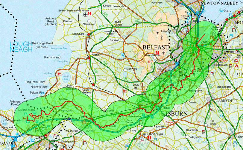 Picture: Plan showing the Trust Operational Area in green with the line of the Navigation in red
